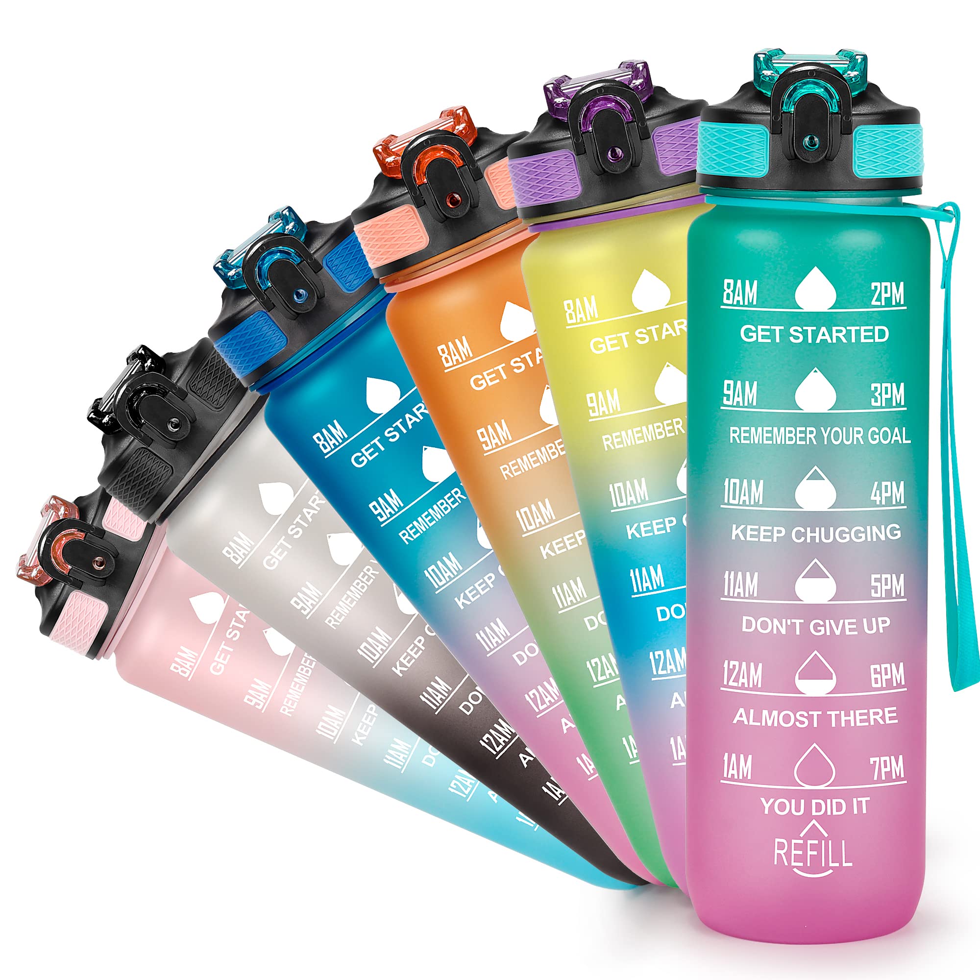 YC Kitchen Motivational Water Bottle with Time Marker- 32oz Water Bottles with Times to Drink, Leakproof & BPA Free Sports Water Bottle with Straw & Carry Strap for Fitness, Gym, and Outdoor Sports