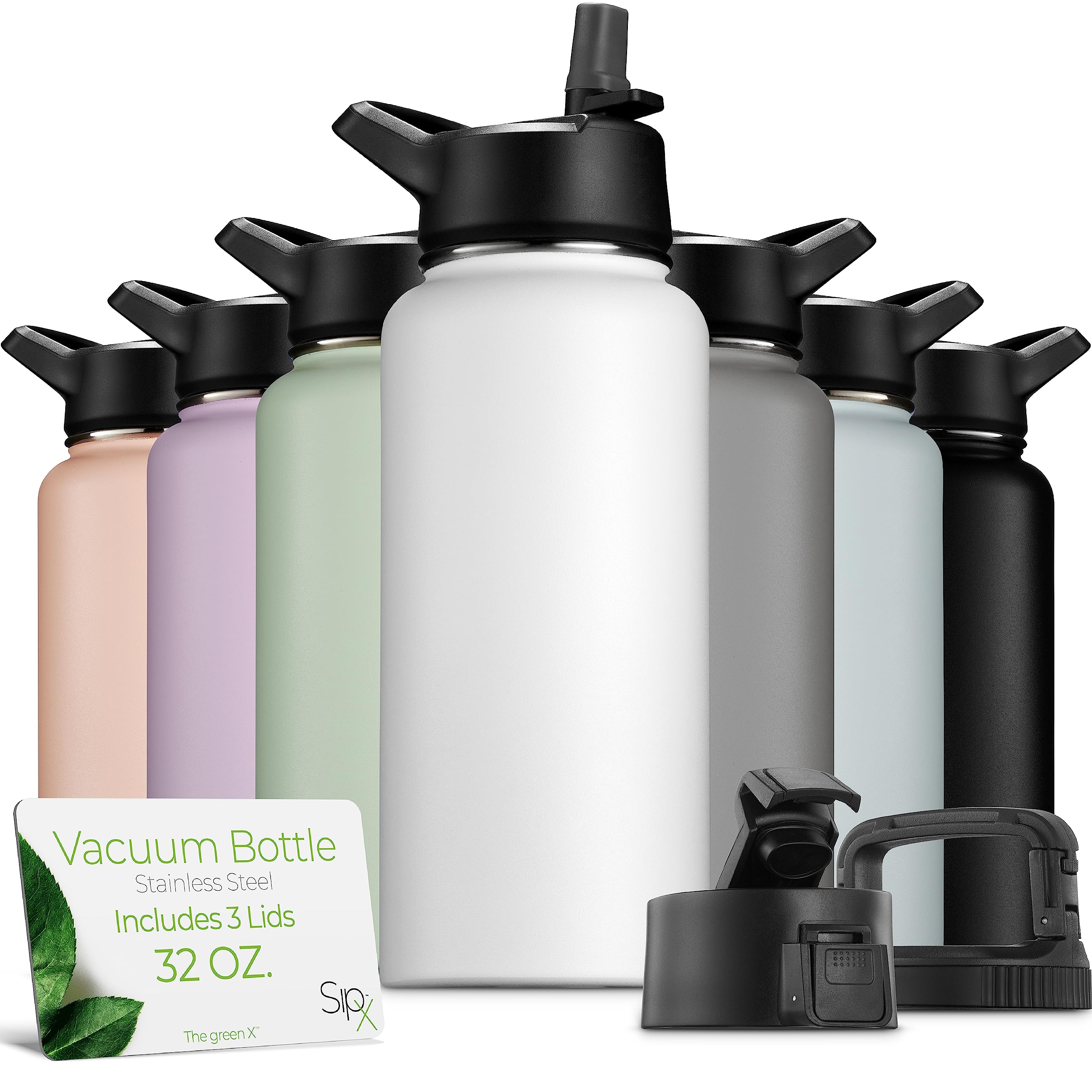 SIPX™ 40 oz Insulated Water Bottle with 3 Lids – Leakproof Stainless Steel, Triple Insulated – Cold 24 Hours/Hot 12 Hours – Durable Bottle for School, Gym, Travel – White