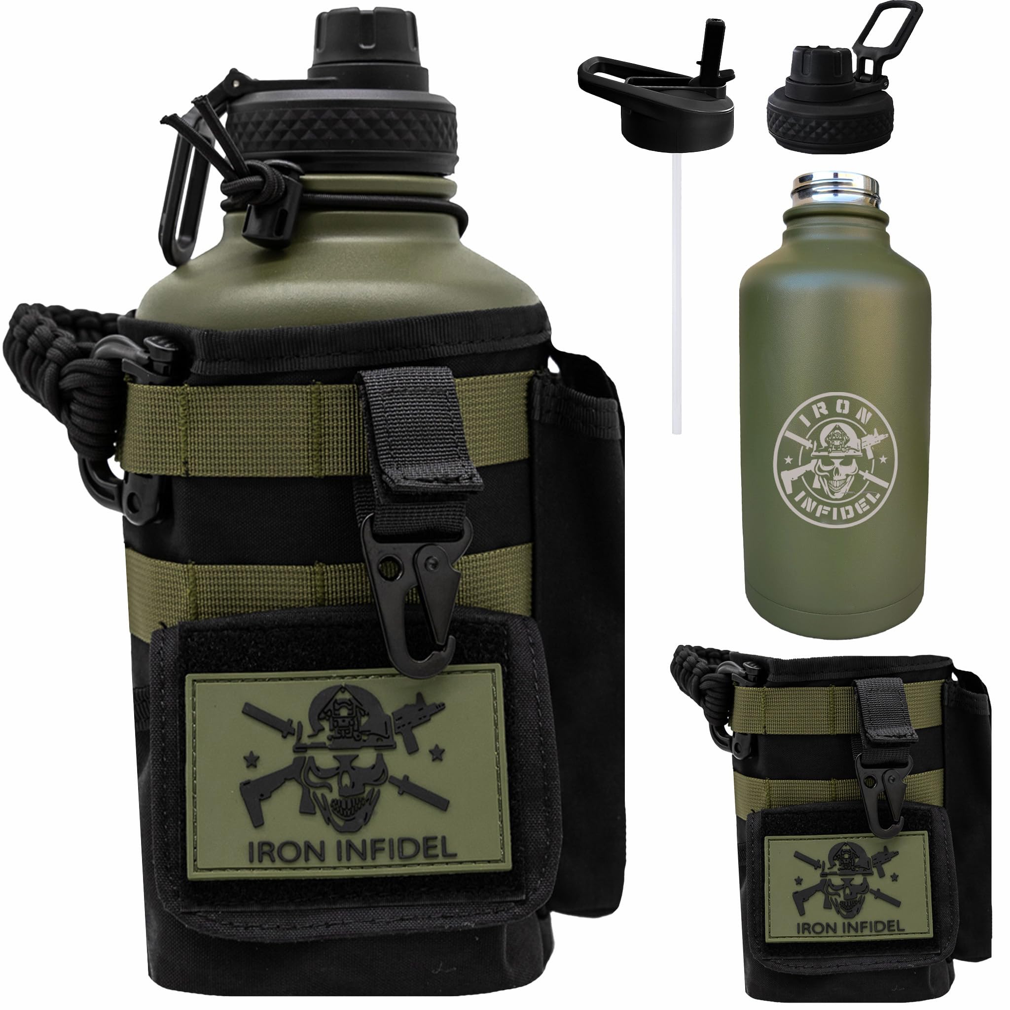 Iron Infidel Battle Bottle - Half Gallon Insulated Water Bottle with Paracord Handle - Large 64 oz Stainless Steel Water Jug & Rugged, Removable Sleeve For Keys, Wallet, Phone (Black Camo 2 Liter)