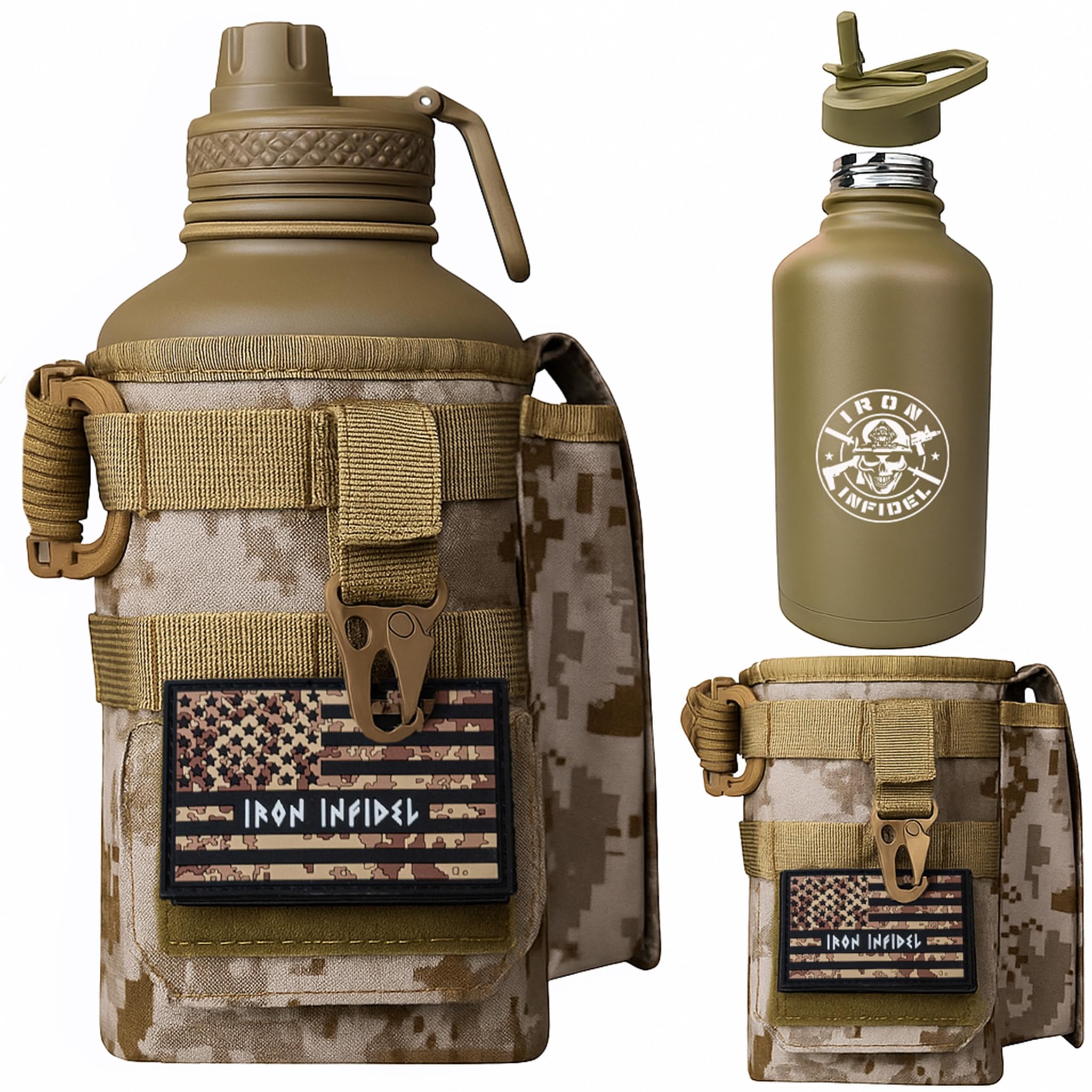 Iron Infidel Battle Bottle - Half Gallon Insulated Water Bottle with Paracord Handle - Large 64 oz Stainless Steel Water Jug & Rugged, Removable Sleeve For Keys, Wallet, Phone (Black Camo 2 Liter)