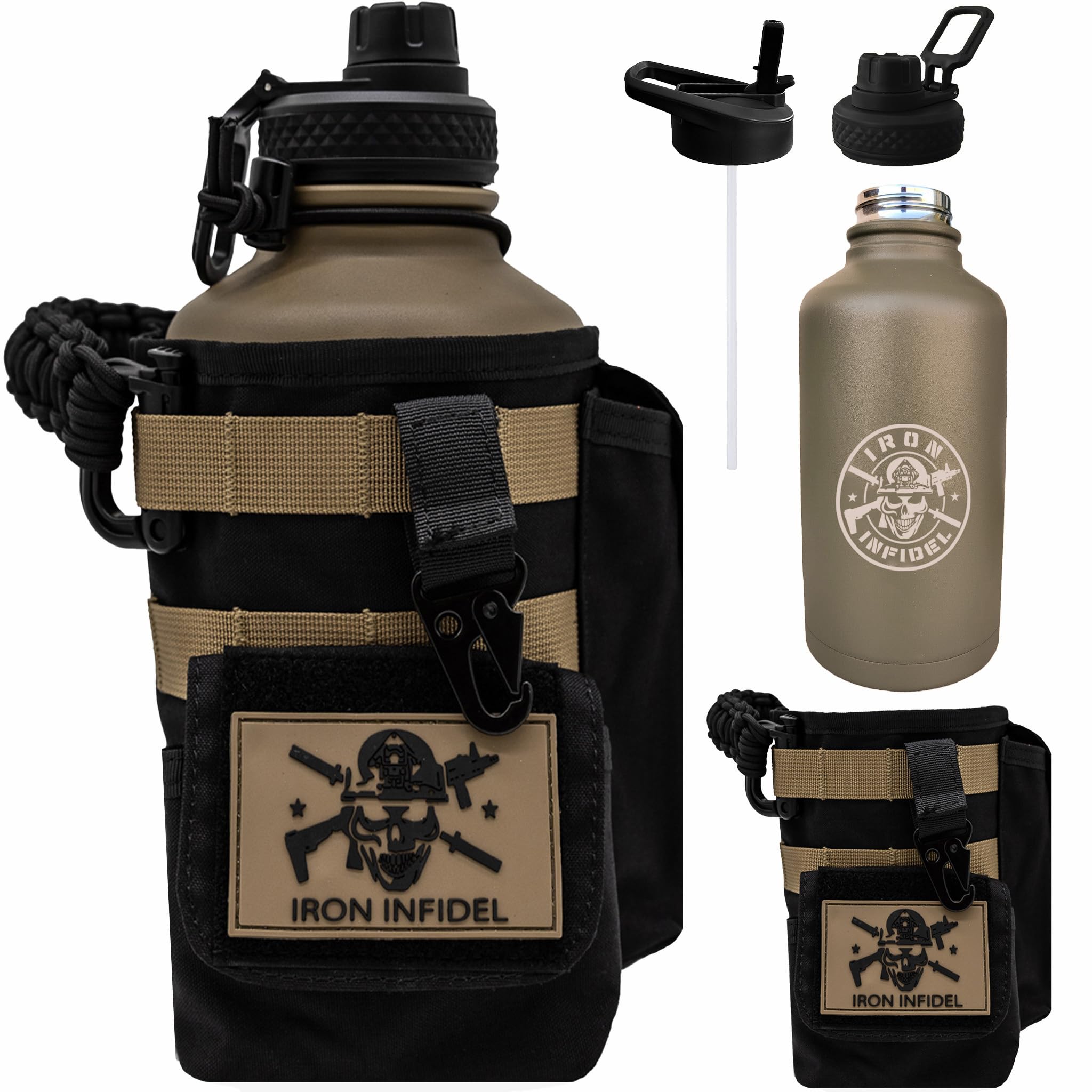 Iron Infidel Battle Bottle - Half Gallon Insulated Water Bottle with Paracord Handle - Large 64 oz Stainless Steel Water Jug & Rugged, Removable Sleeve For Keys, Wallet, Phone (Black Camo 2 Liter)