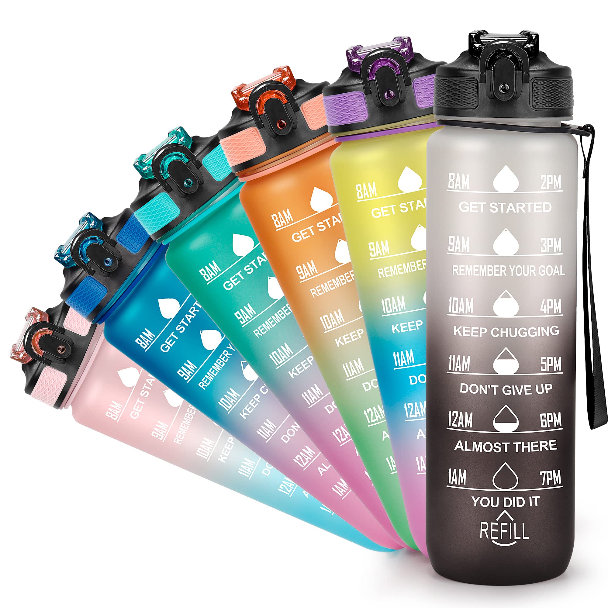 YC Kitchen Motivational Water Bottle with Time Marker- 32oz Water Bottles with Times to Drink, Leakproof & BPA Free Sports Water Bottle with Straw & Carry Strap for Fitness, Gym, and Outdoor Sports