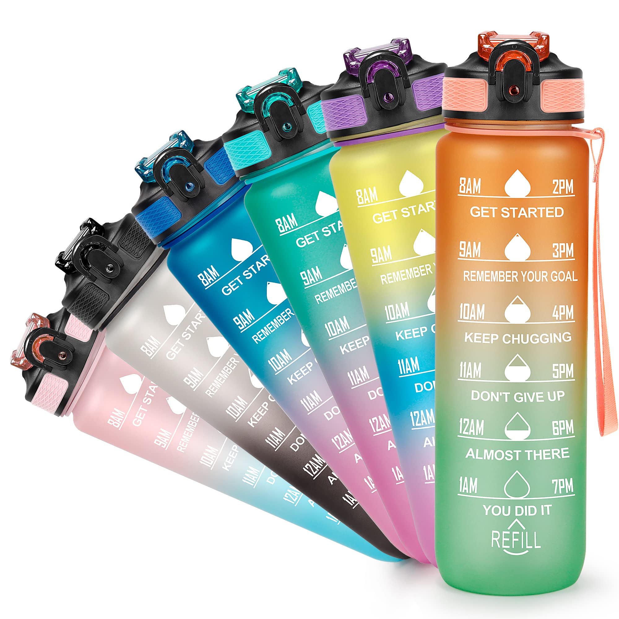 YC Kitchen Motivational Water Bottle with Time Marker- 32oz Water Bottles with Times to Drink, Leakproof & BPA Free Sports Water Bottle with Straw & Carry Strap for Fitness, Gym, and Outdoor Sports