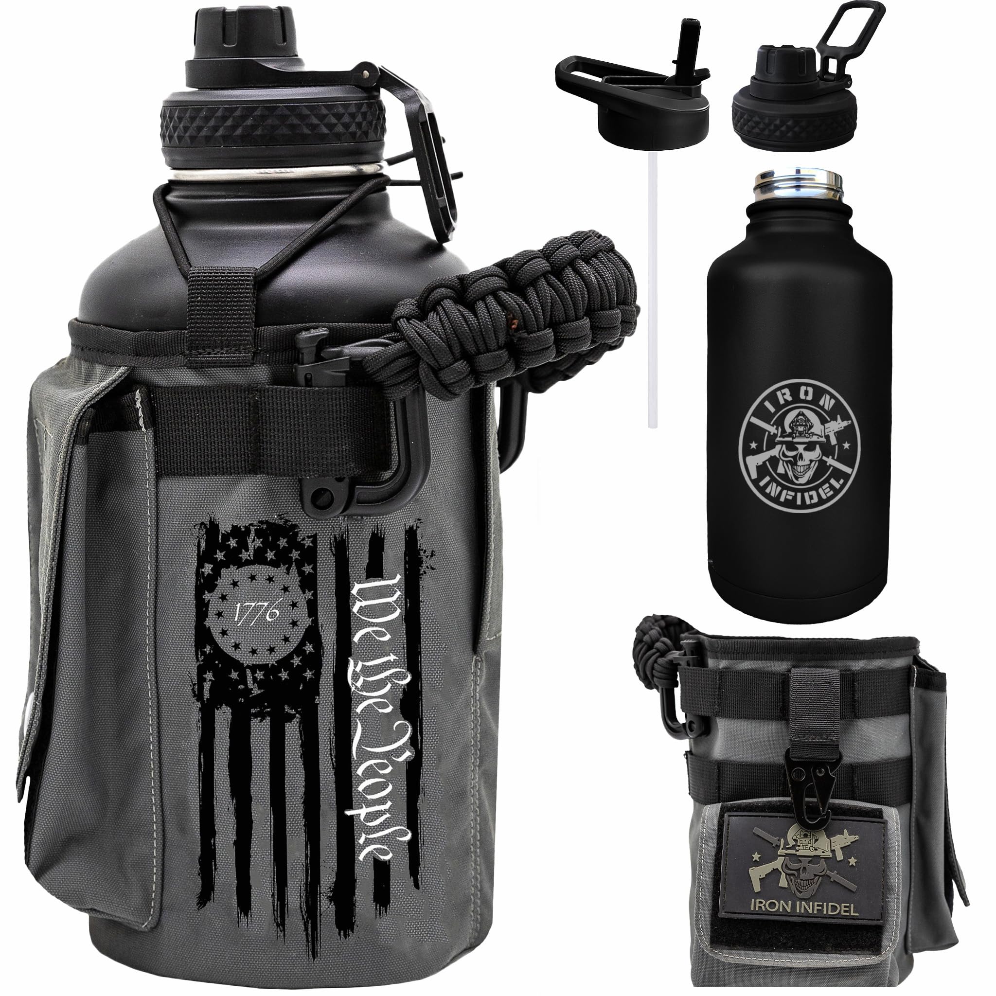 Iron Infidel Battle Bottle - Half Gallon Insulated Water Bottle with Paracord Handle - Large 64 oz Stainless Steel Water Jug & Rugged, Removable Sleeve For Keys, Wallet, Phone (Black Camo 2 Liter)