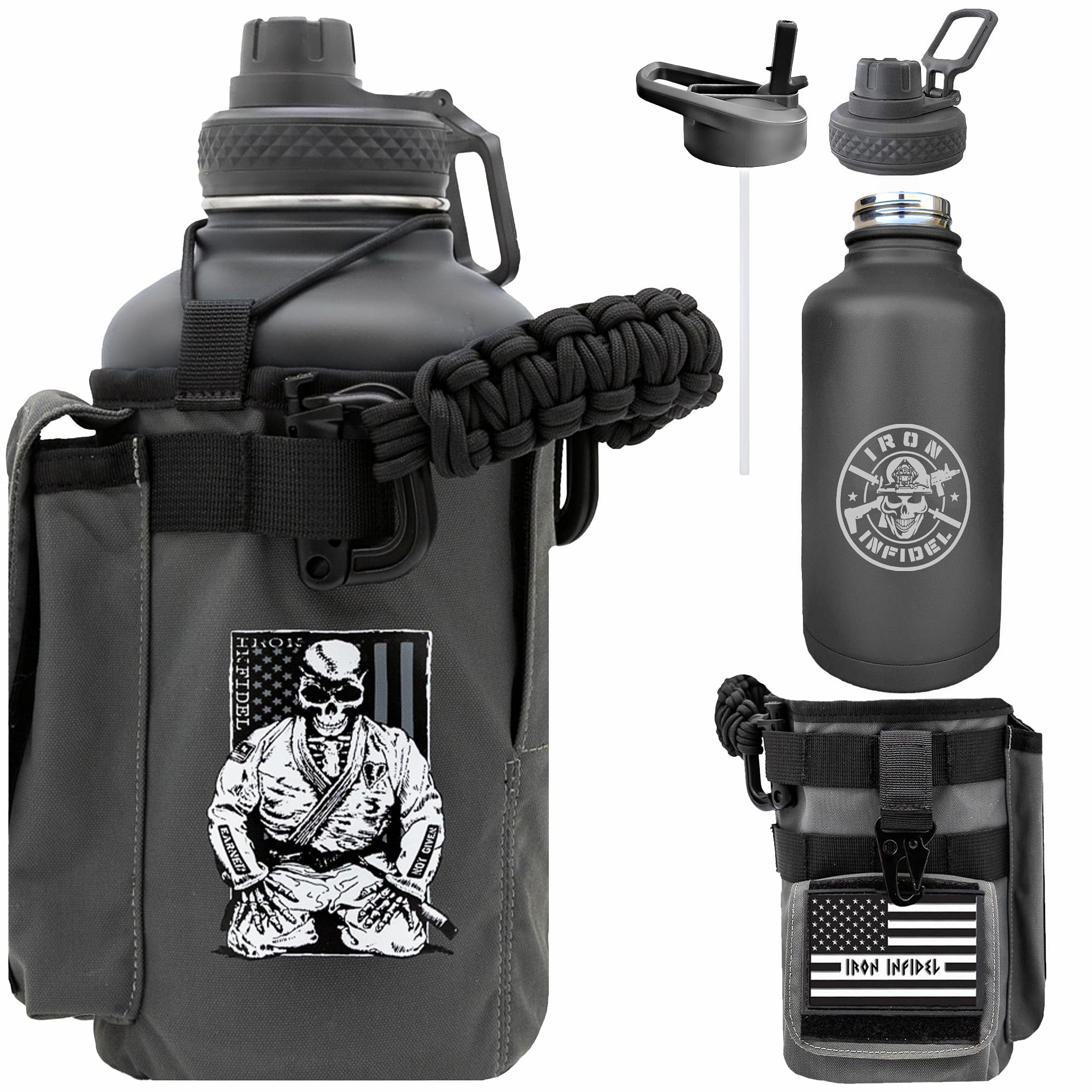 Iron Infidel Battle Bottle - Half Gallon Insulated Water Bottle with Paracord Handle - Large 64 oz Stainless Steel Water Jug & Rugged, Removable Sleeve For Keys, Wallet, Phone (Black Camo 2 Liter)