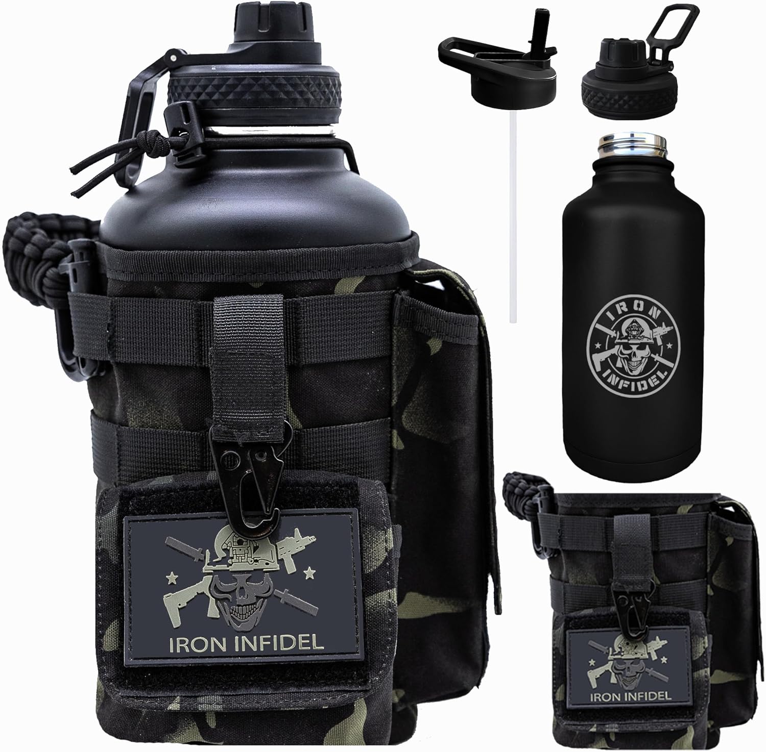Iron Infidel Battle Bottle - Half Gallon Insulated Water Bottle with Paracord Handle - Large 64 oz Stainless Steel Water Jug & Rugged, Removable Sleeve For Keys, Wallet, Phone (Black Camo 2 Liter)