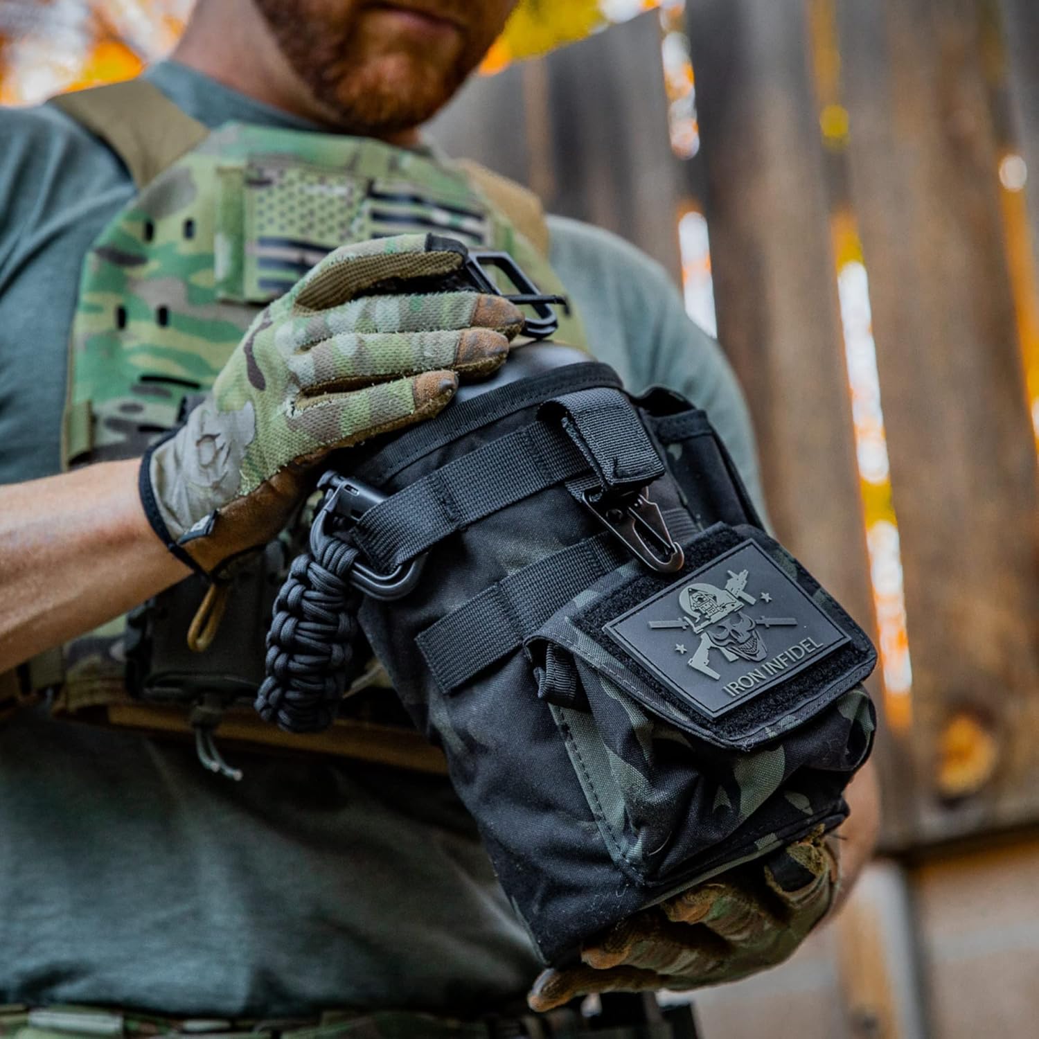 Iron Infidel Battle Bottle - Half Gallon Insulated Water Bottle with Paracord Handle - Large 64 oz Stainless Steel Water Jug & Rugged, Removable Sleeve For Keys, Wallet, Phone (Black Camo 2 Liter)