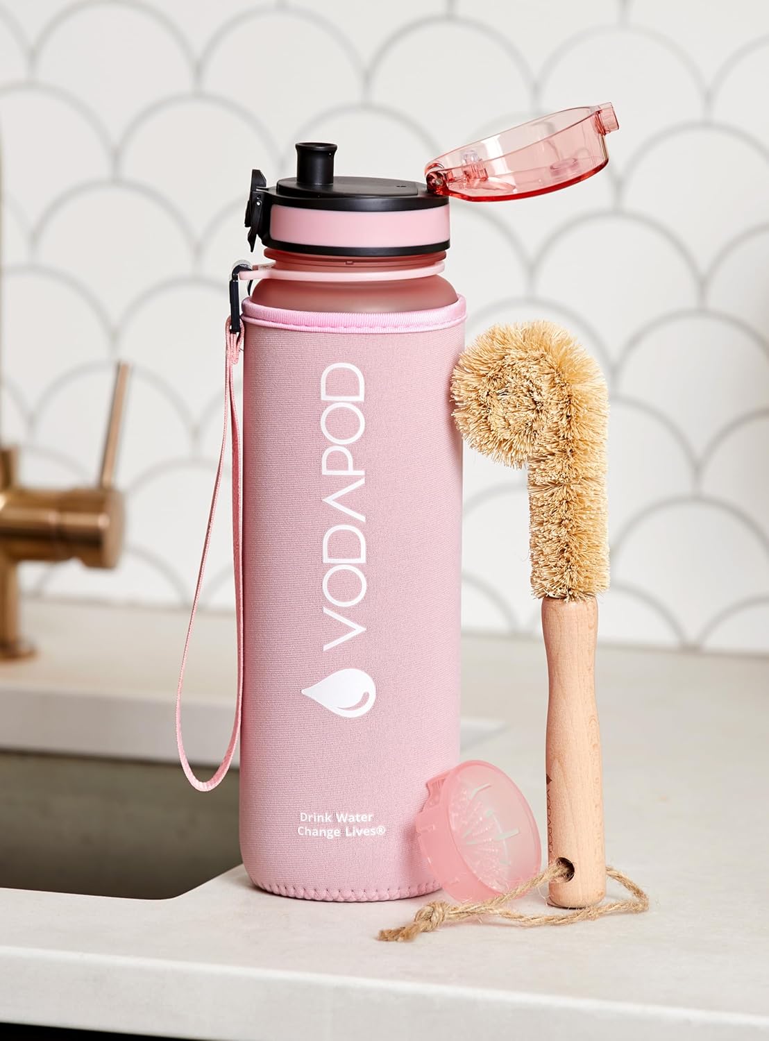 VODAPOD Motivational Water Bottle with Time Marker | 32oz Daily Water Intake Bottle | Gym Sports Water Bottle | Fruit Infuser Screen | 1 Liter BPA-Free Durable Leakproof with Eco-Friendly Brush (Rose)