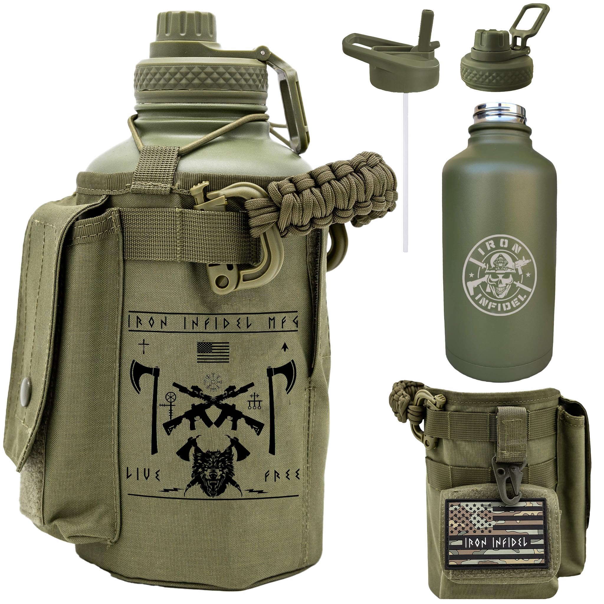Iron Infidel Battle Bottle - Half Gallon Insulated Water Bottle with Paracord Handle - Large 64 oz Stainless Steel Water Jug & Rugged, Removable Sleeve For Keys, Wallet, Phone (Black Camo 2 Liter)