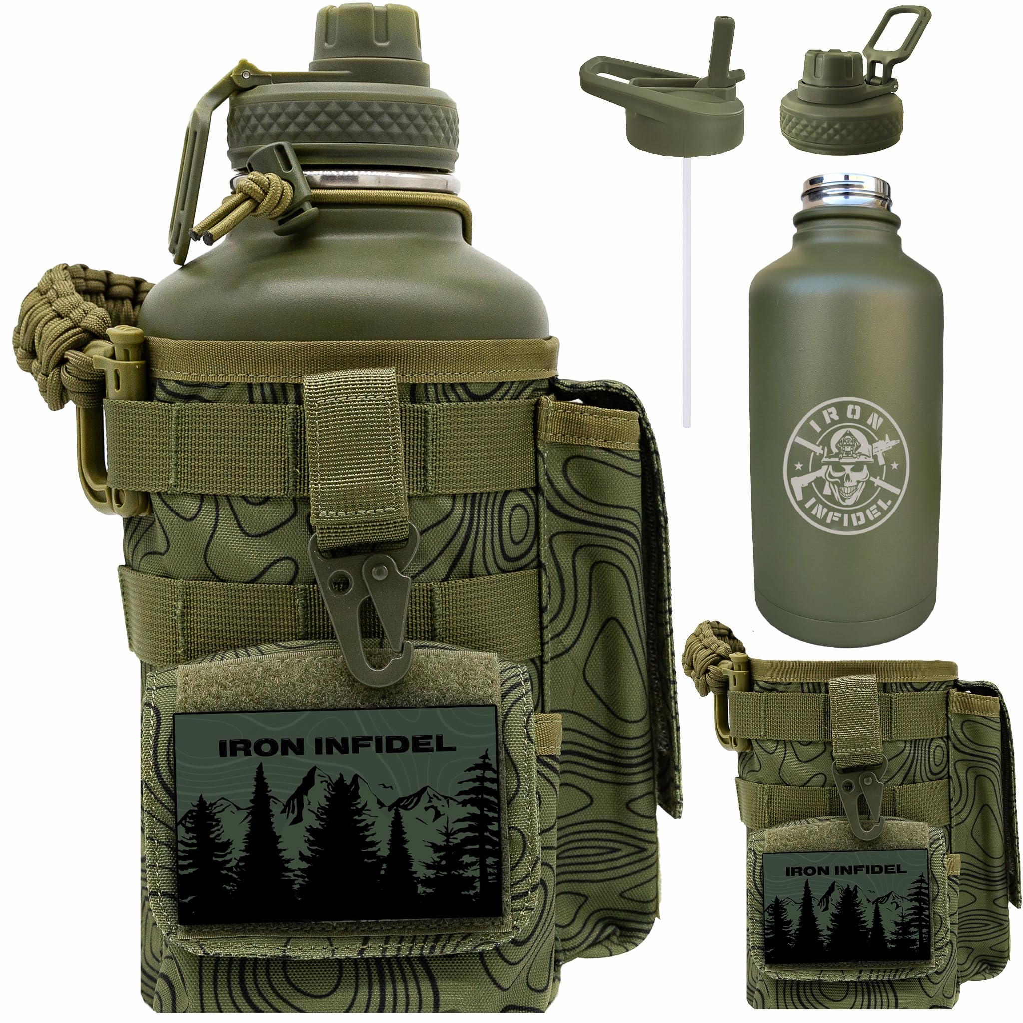 Iron Infidel Battle Bottle - Half Gallon Insulated Water Bottle with Paracord Handle - Large 64 oz Stainless Steel Water Jug & Rugged, Removable Sleeve For Keys, Wallet, Phone (Black Camo 2 Liter)